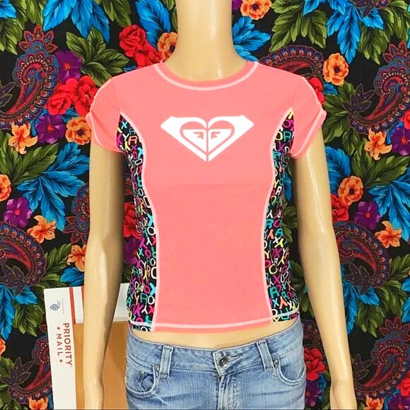 GIRL’S ROXY GIRL SHIRT YOUTH SIZE 14 TOP RASHGUARD BEACH SURF SKIM POOL PINK - Picture 1 of 4